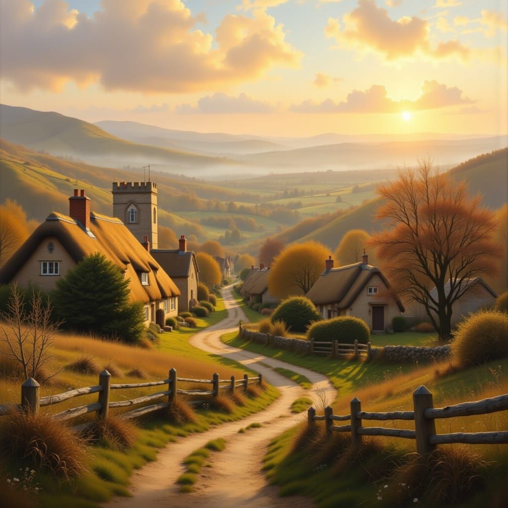 English Village at Sunrise in Landscape Painting Style