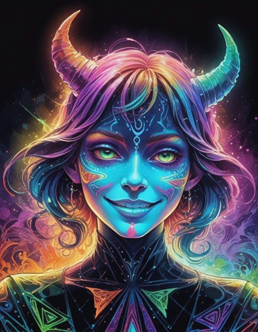 Surreal Demon Portrait in Fantasy Landscape with Hypnotic St...