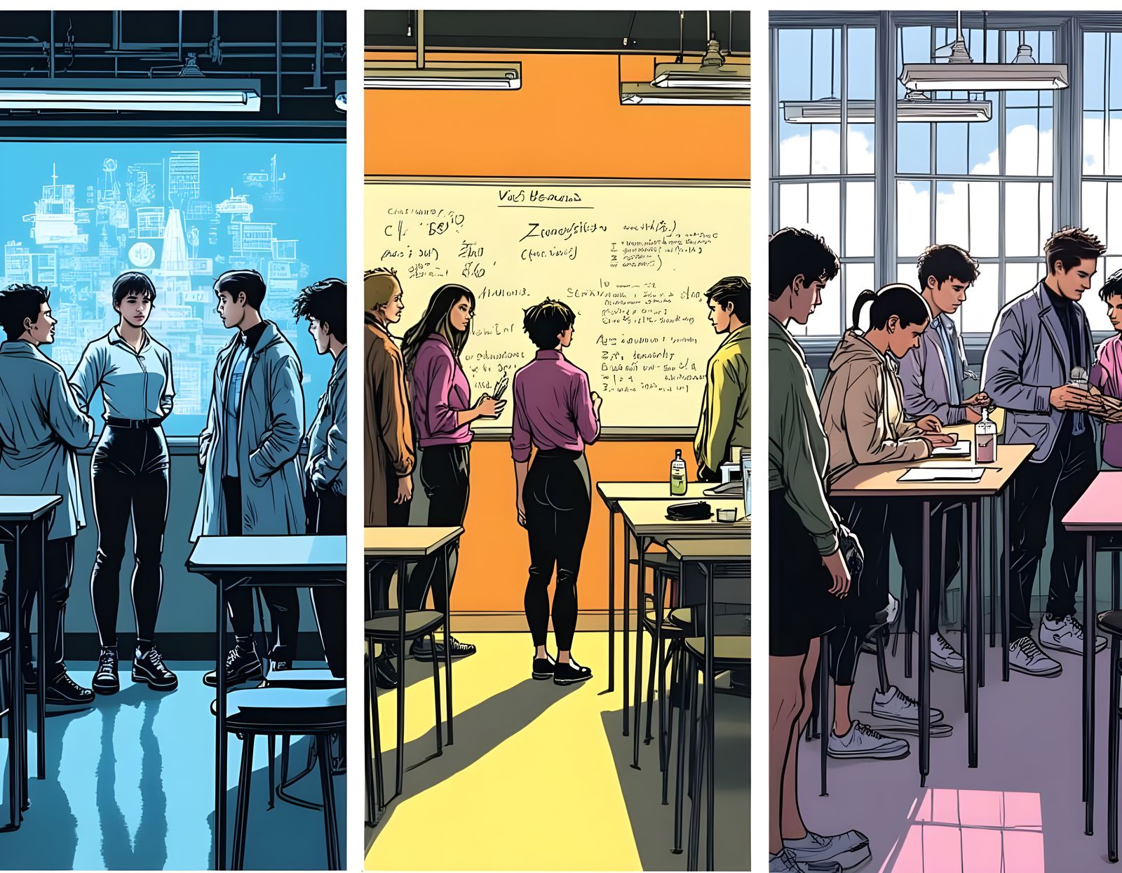 College Students in Uniforms Interact in 3 Comic Panels