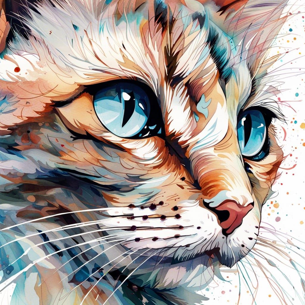 Watercolor Cat Portrait with Intricate Details