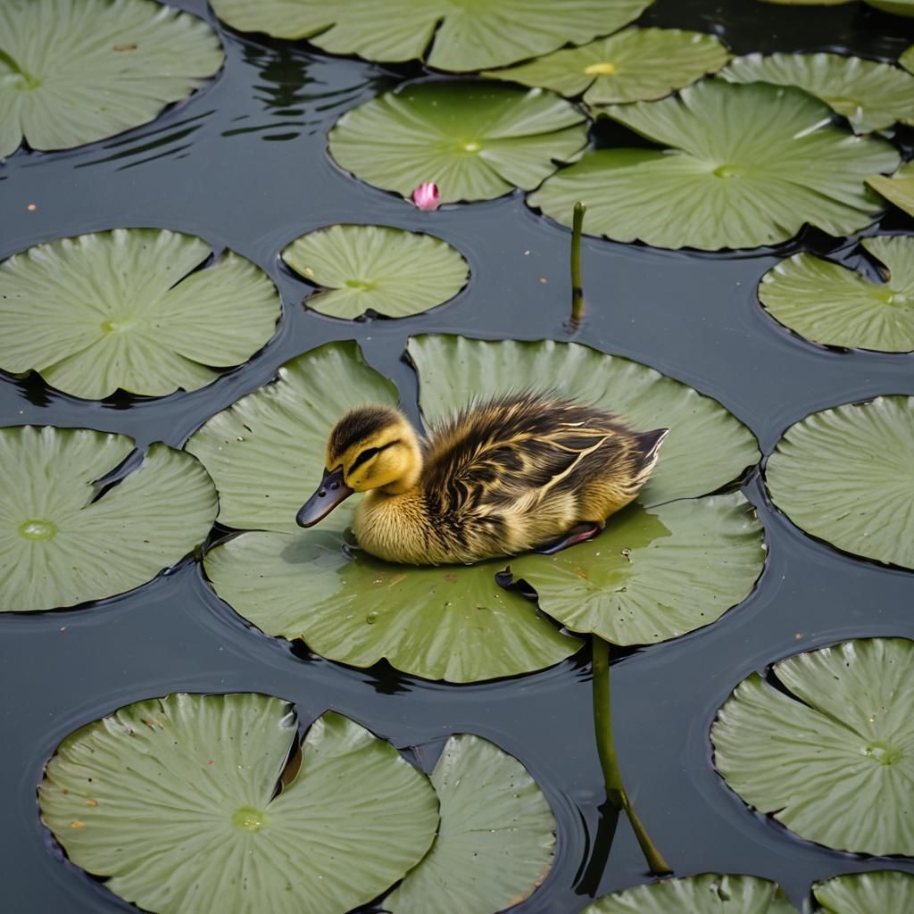 Duckling Dreams: Oil Painting on Lily Pad