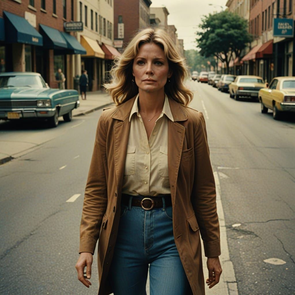 Retro Jaime Sommers Strides Down a 70s Street