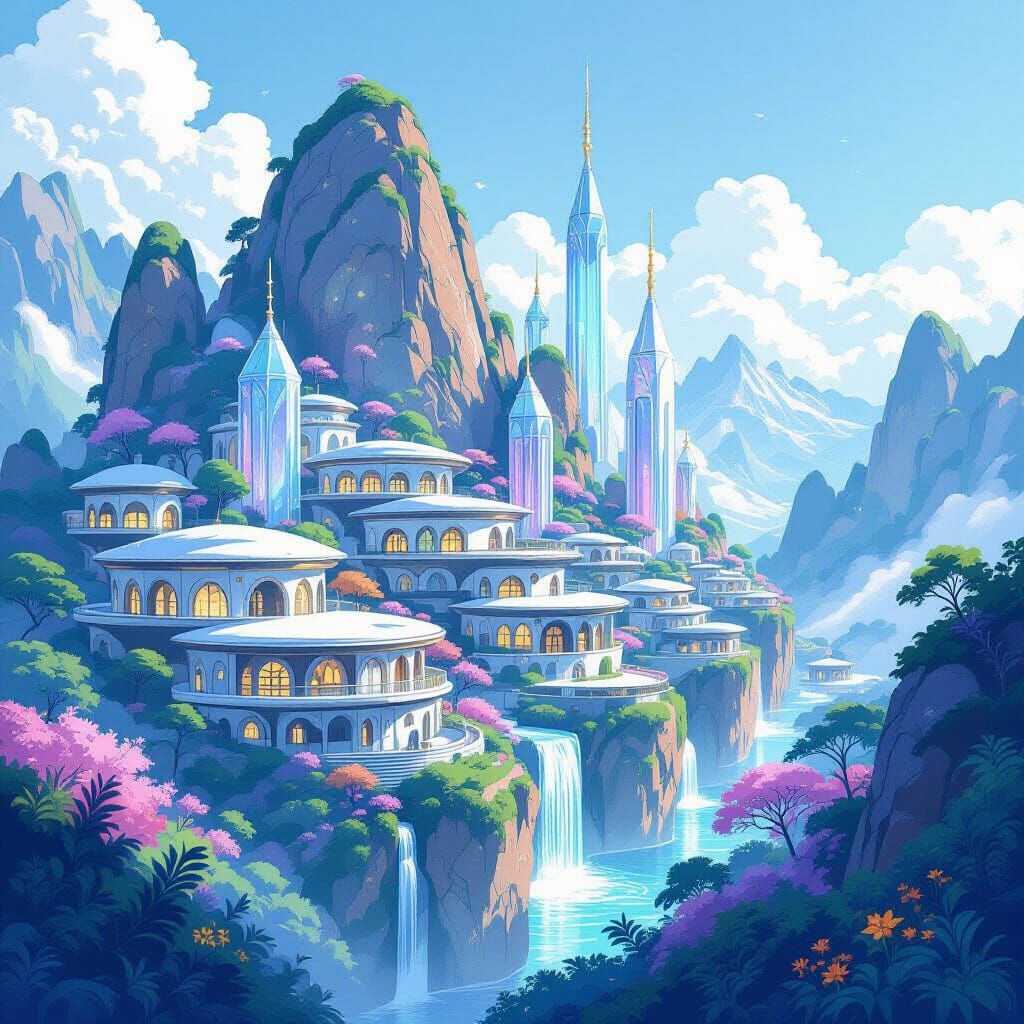 Crystalline Mountain Settlement in Watercolor Style