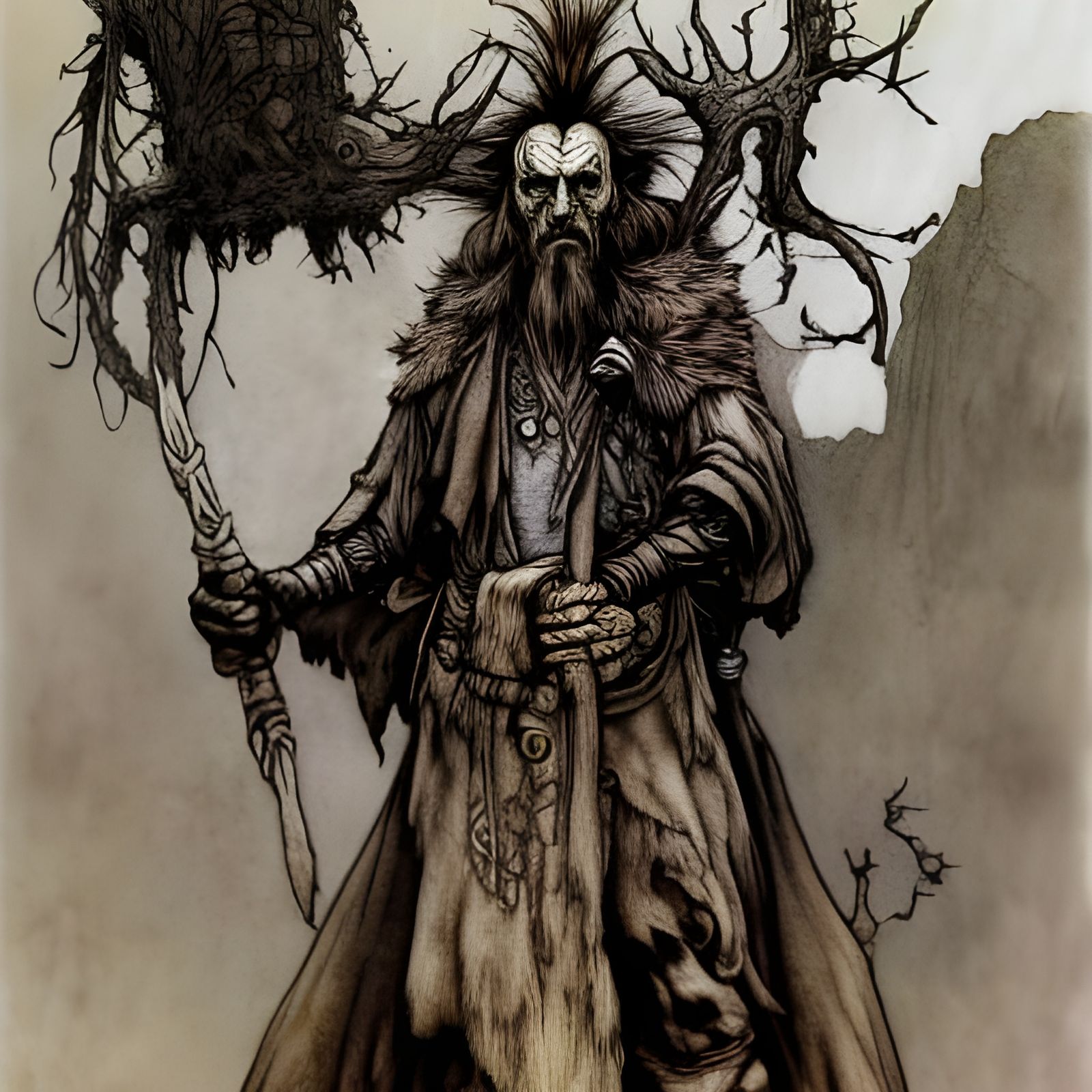 Fantasy Shaman with Totems in Dark Fantasy Style