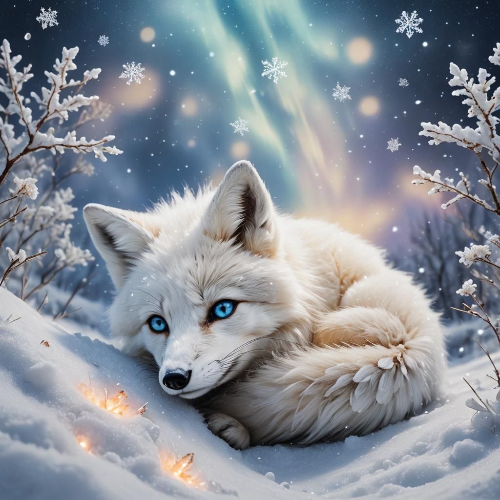 Cute Fox Under Aurora Borealis in Detailed Matte Painting