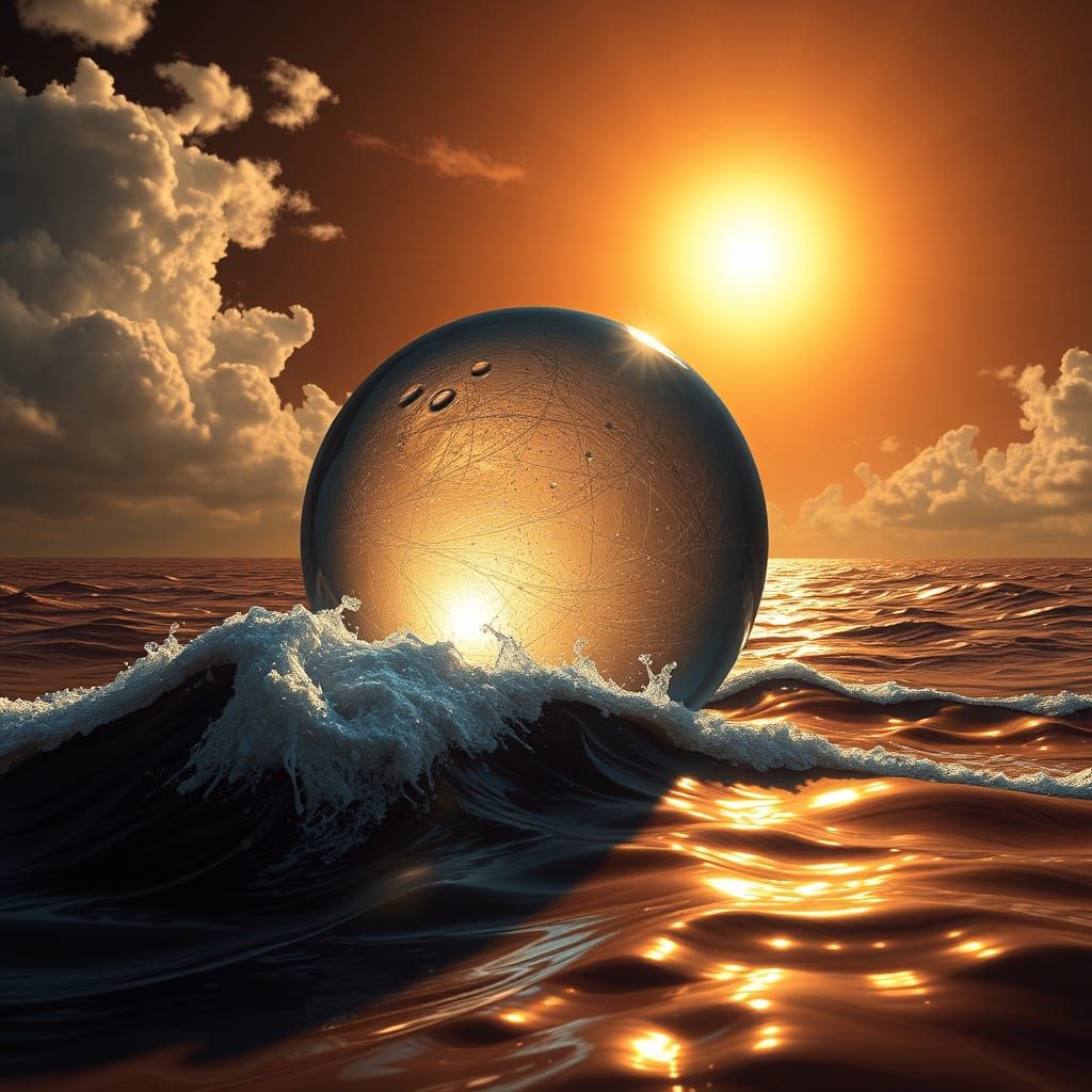 Metallic Glass Orb Floats Over Rich Chocolate Sea with Crunc...