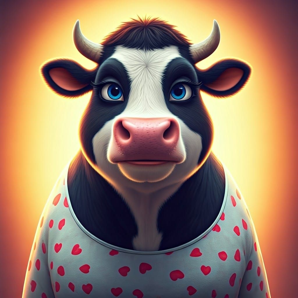 Gentle Mother Cow in Heart Dress, 3D Digital Art