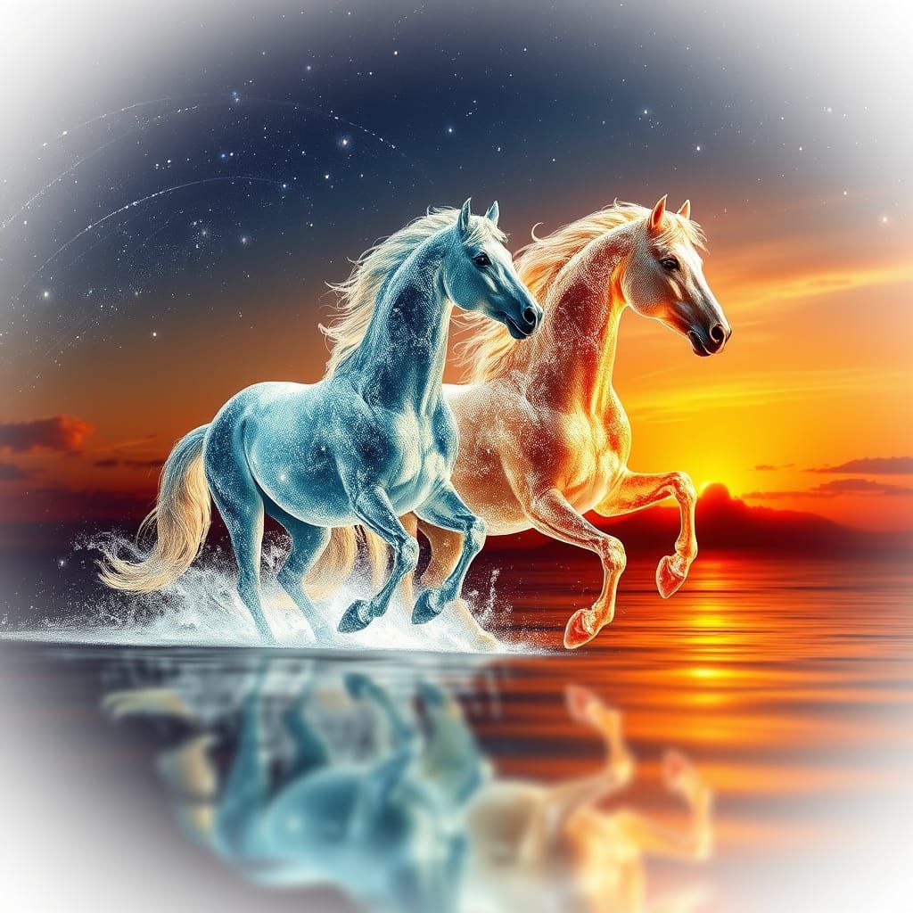 Majestic Horses Emerge from Vibrant Oceanic Aura