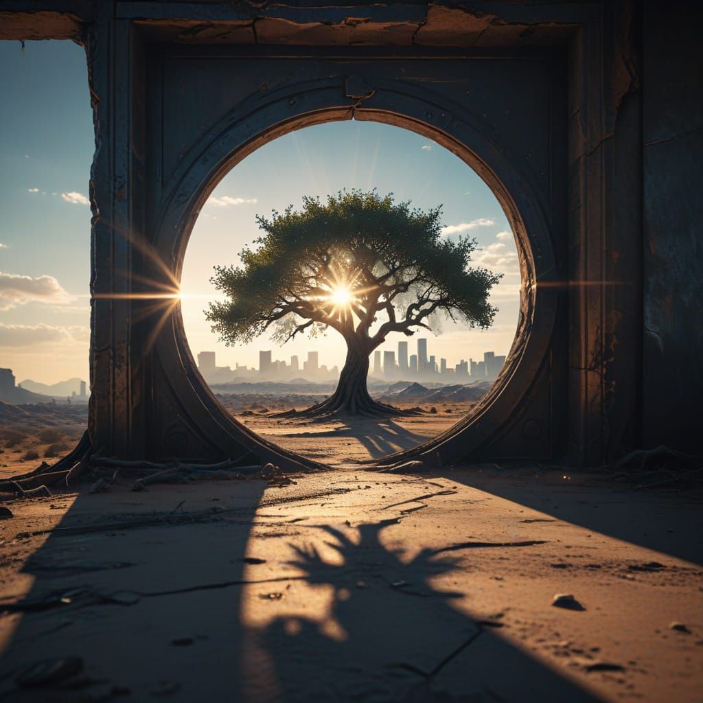 Ancient Tree and Futuristic Portal in Cinematic Realism