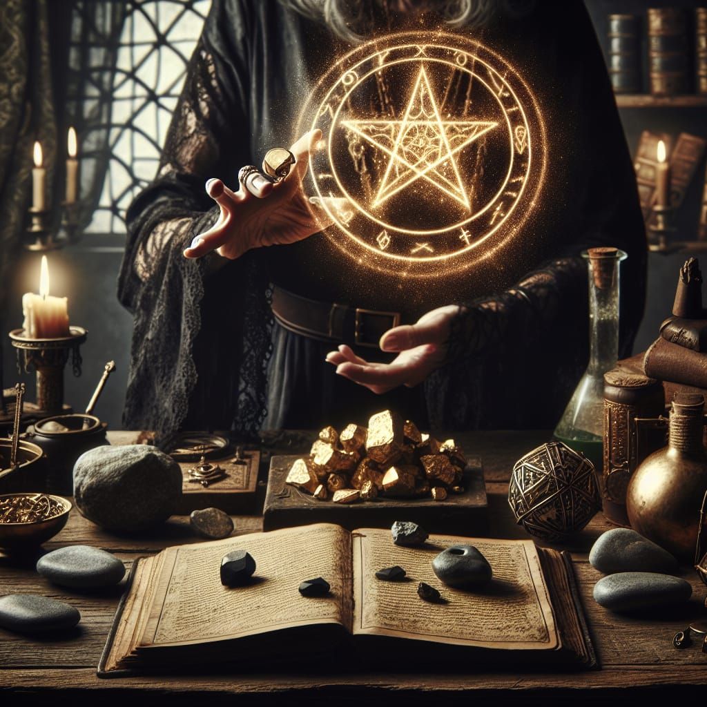 Black Sorceress Casting Spell With Rune Pentagram
