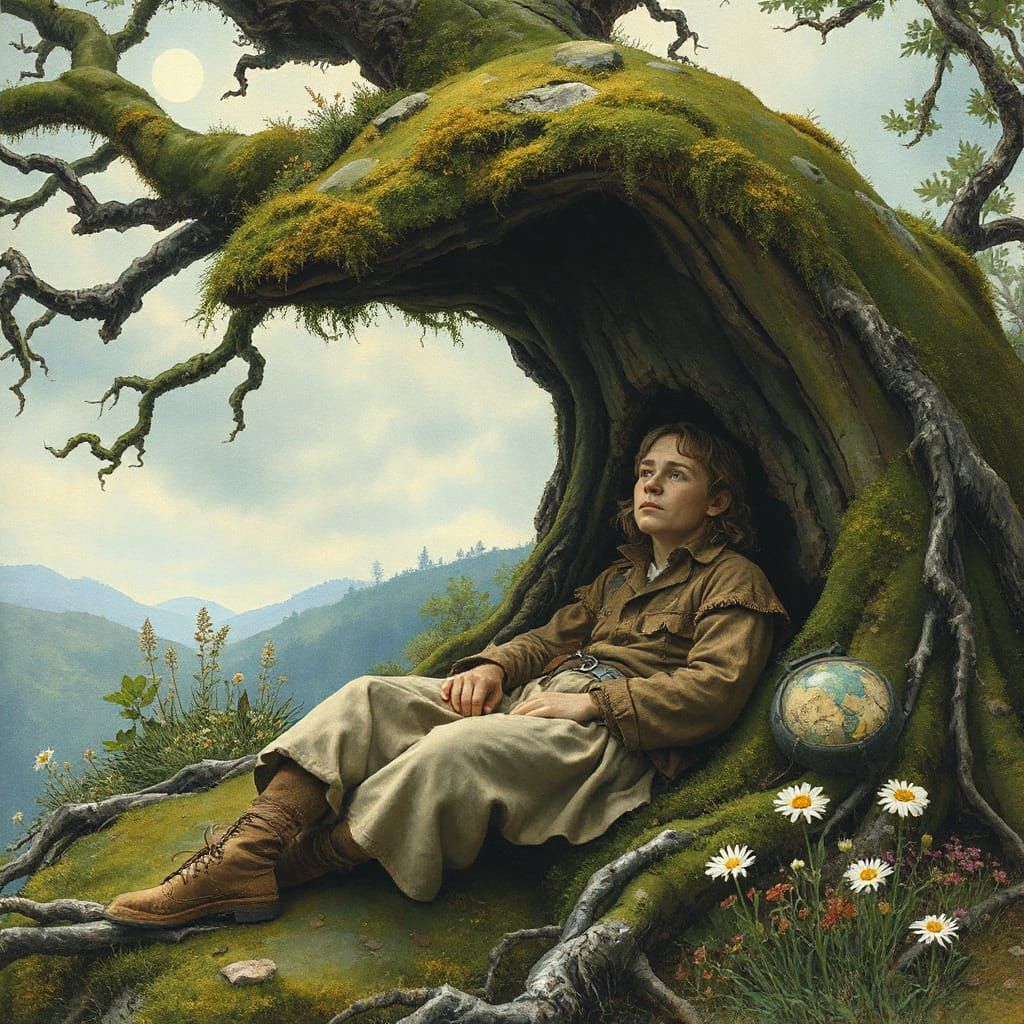 Mystical Moonlit Traveller Under the Hill