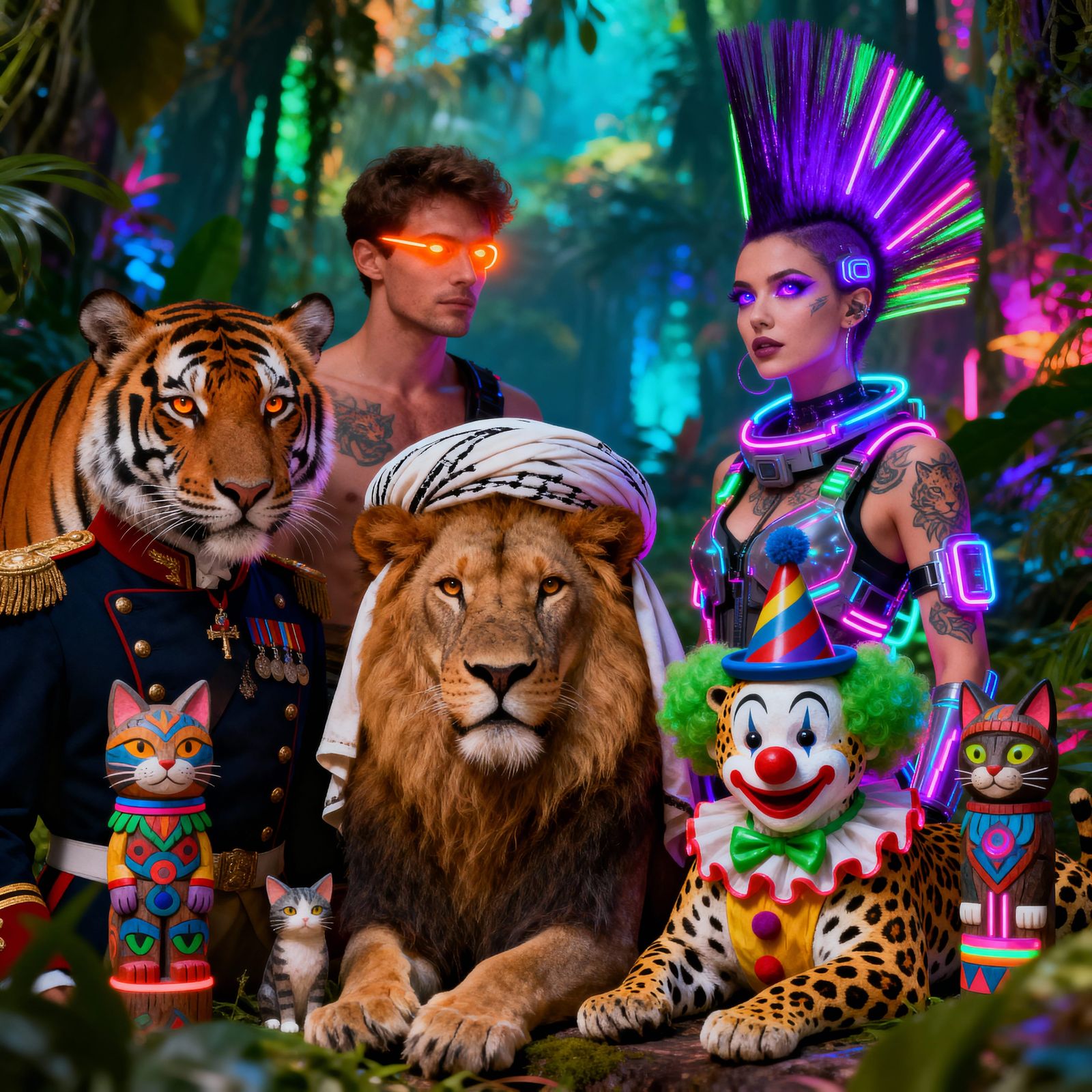 Psychedelic Jungle Scene: Animals in Uniforms & Cyberpunk Fa...