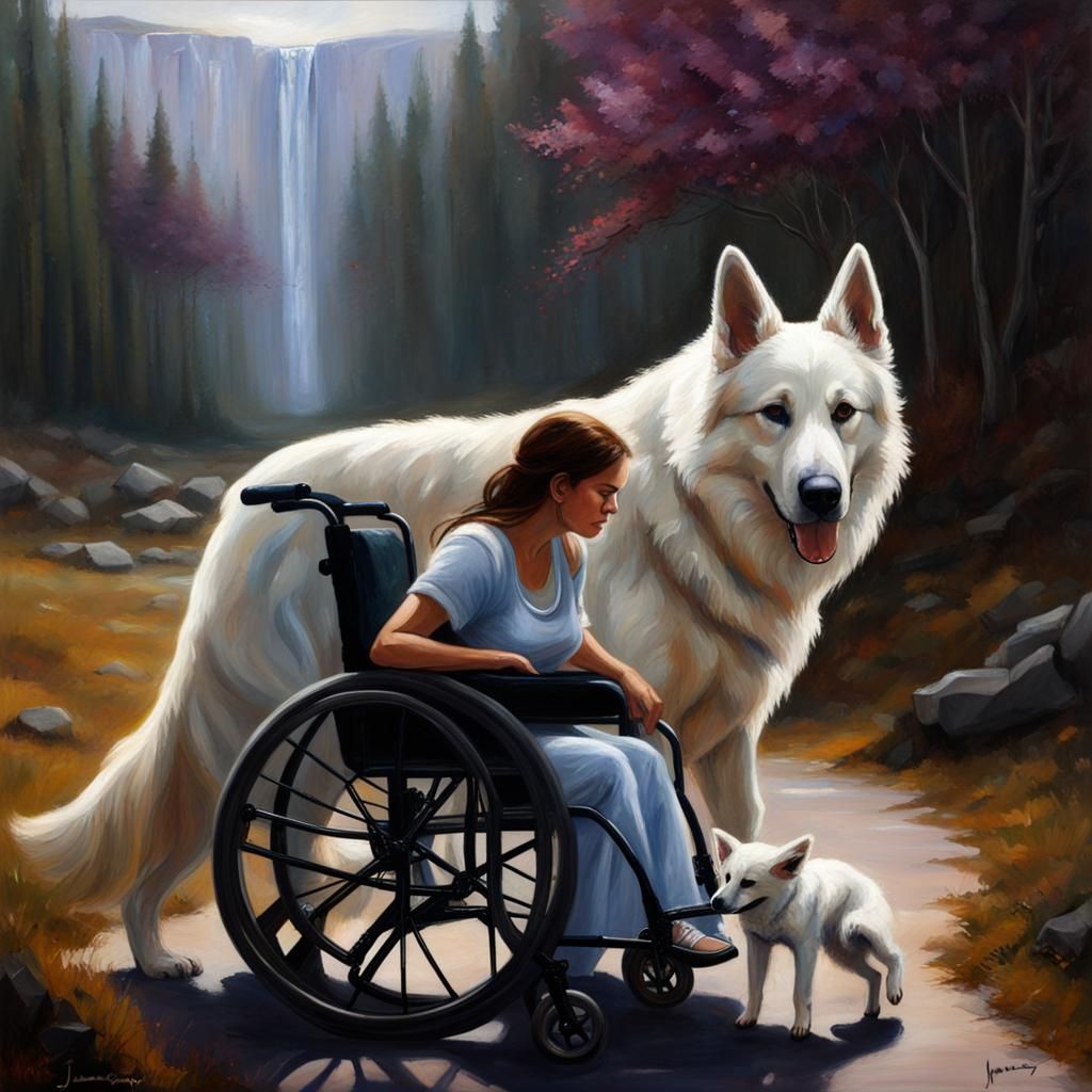 Woman and Dog Explore Nature as Oil Painting