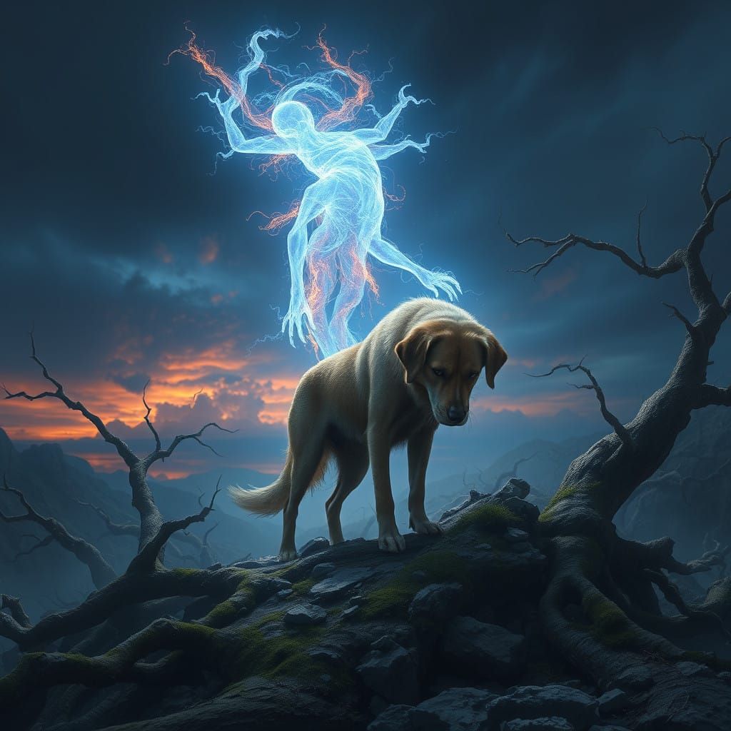 Ethereal Spirit Confronts a Melancholic Canine in a Haunting...