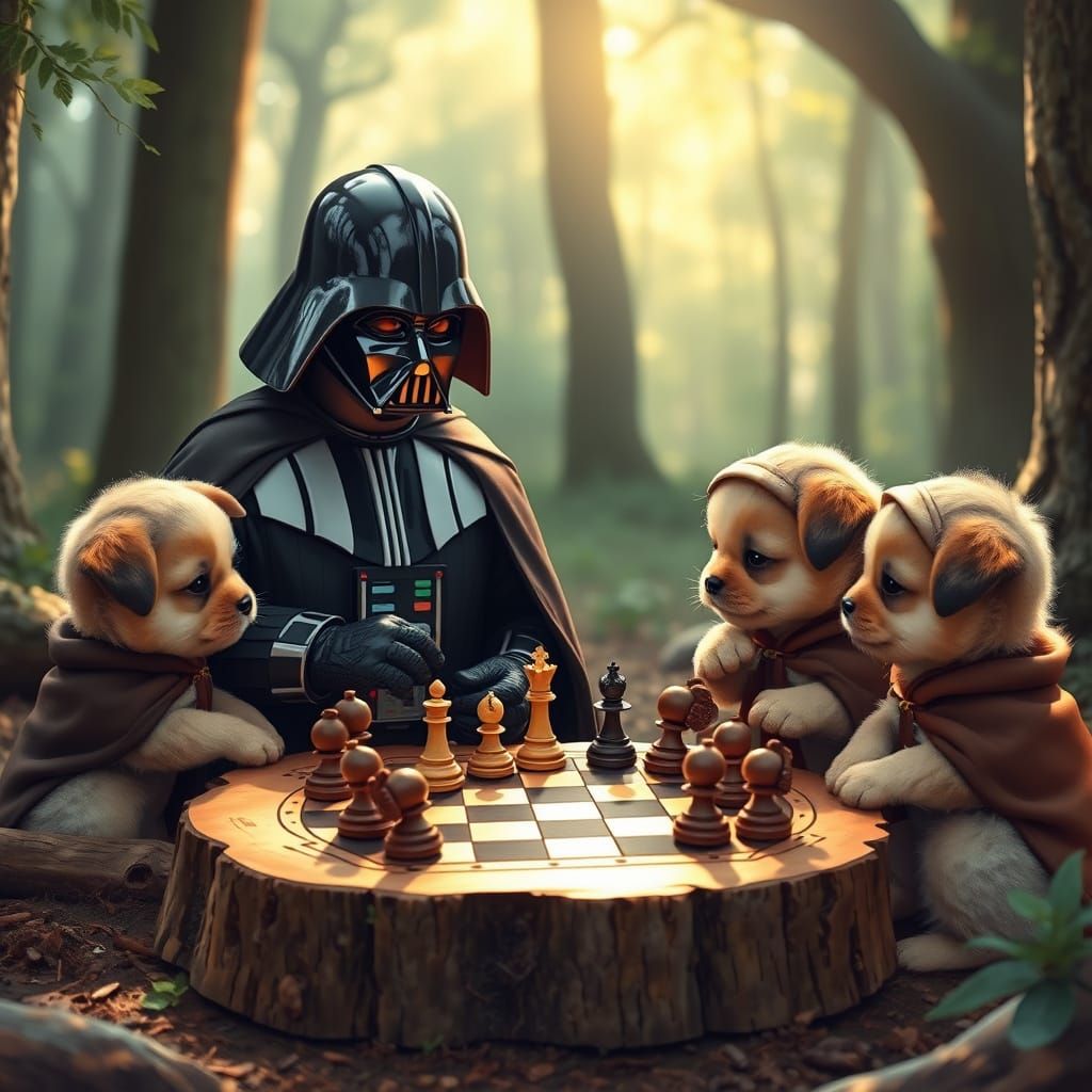 Darth Vader Teaches Puppies Chess in Forest