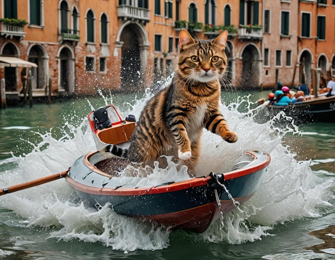 Cat Drives Pneumatic Boat at High Speed in Venice
