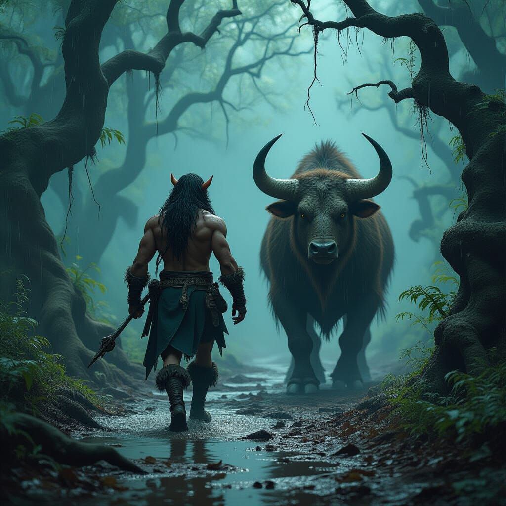 Satyr and Minotaur in Gothic Haunted Forest