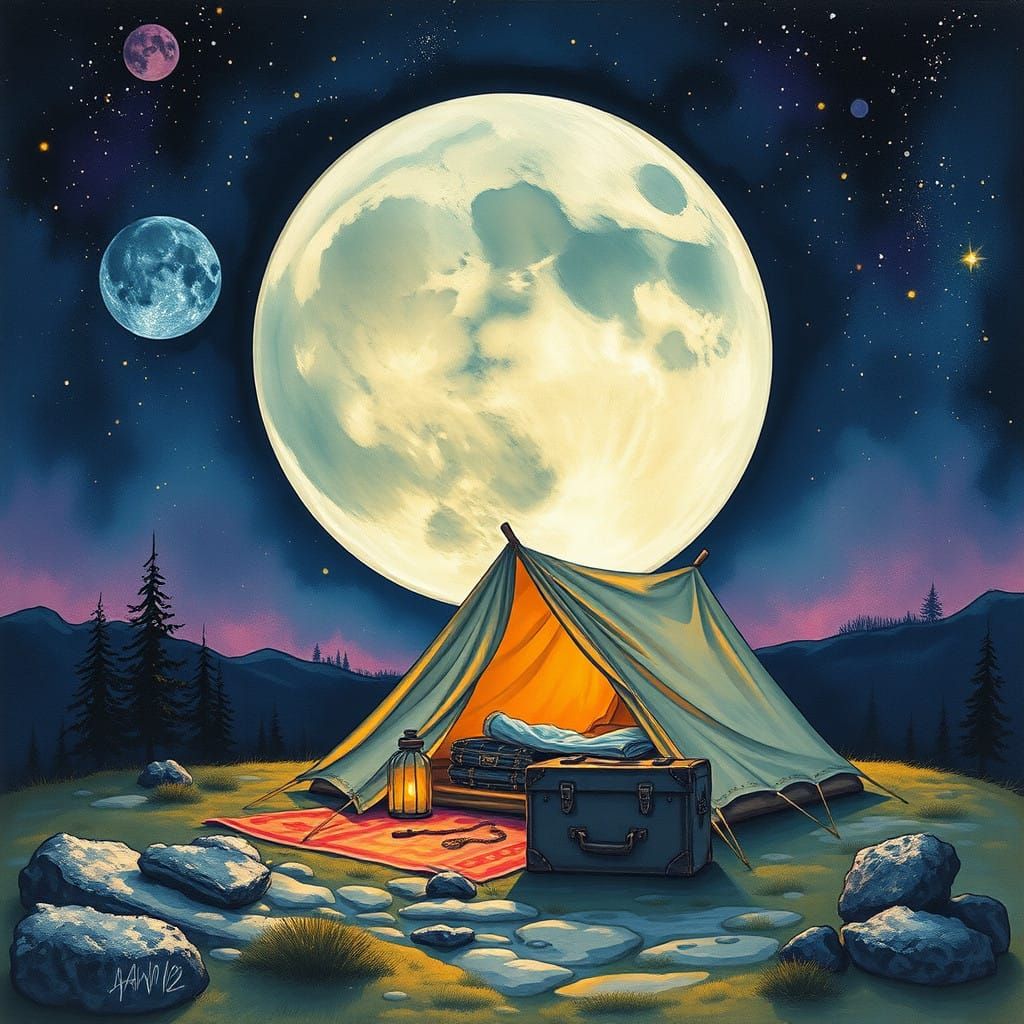 A camping tent and a suitcase on the moon, galactic astral aurora art deco gouache impasto impressionism underground com...
