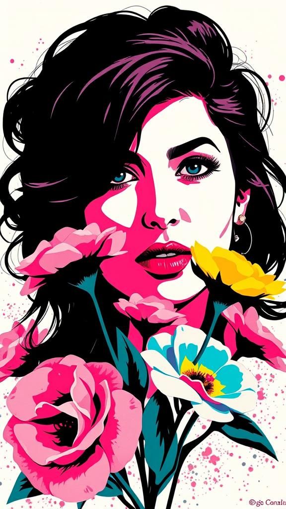 Amy Winehouse Pop Art Portrait with Floral Accents