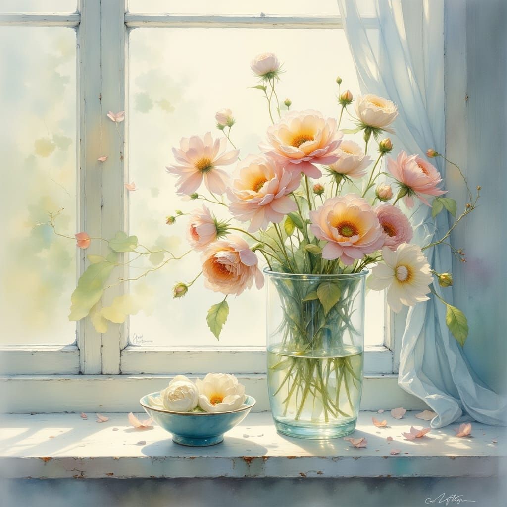 Vase of Flowers on Windowsill in Watercolor Style