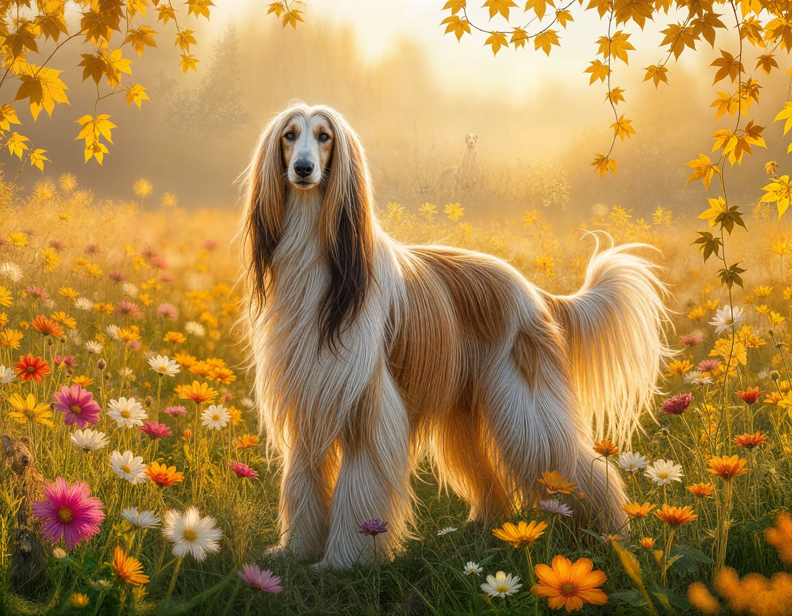 Majestic Golden Afghan Hound in Floral Field