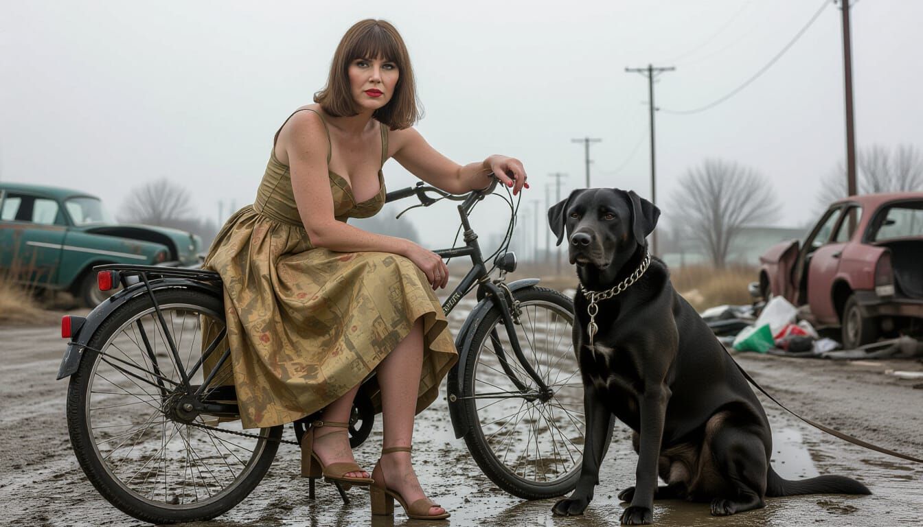 Stern Woman on Bike in Desolate Landscape