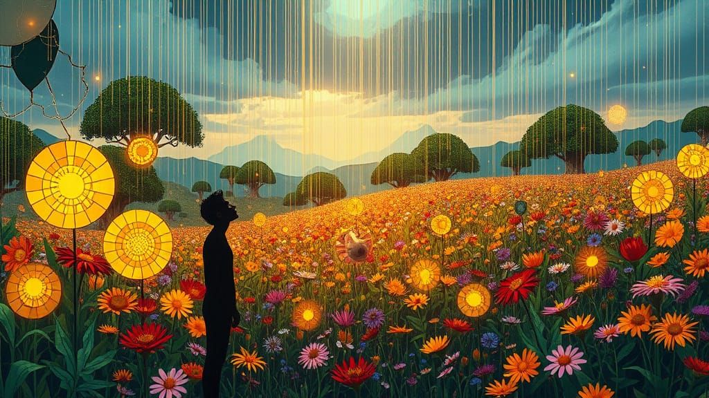 Surreal Stained Glass Garden with Mythical Creatures