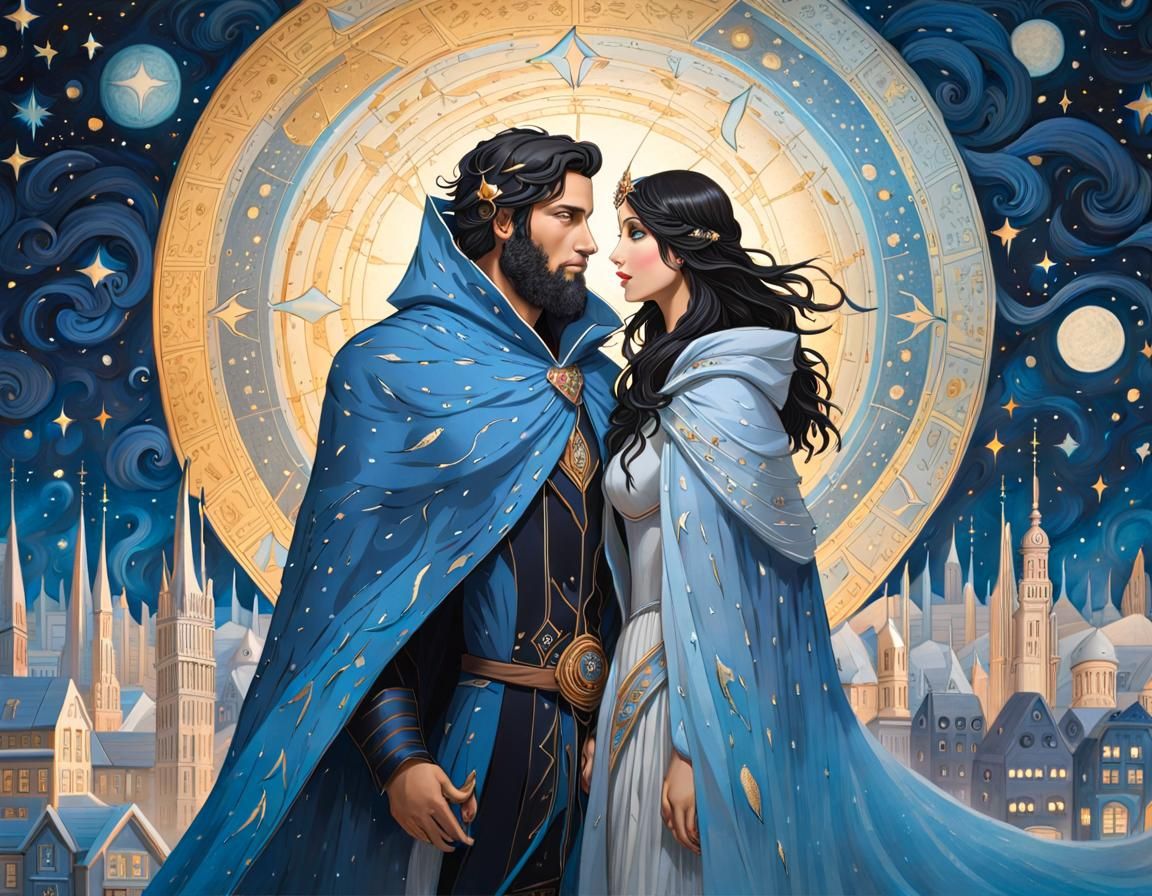 Celestial Cityscape: Figures in Lumina Under Starry Cloak