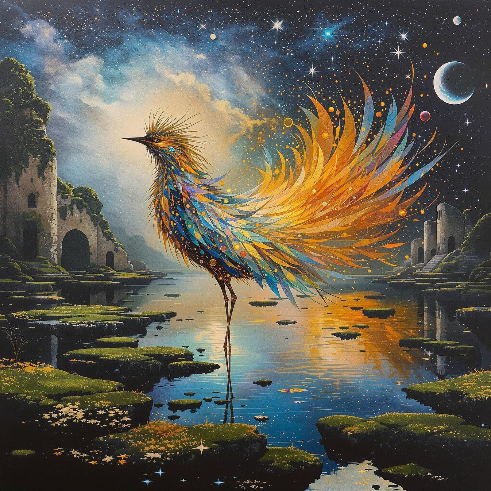 Visionary Bird Amidst Cosmic Ruins