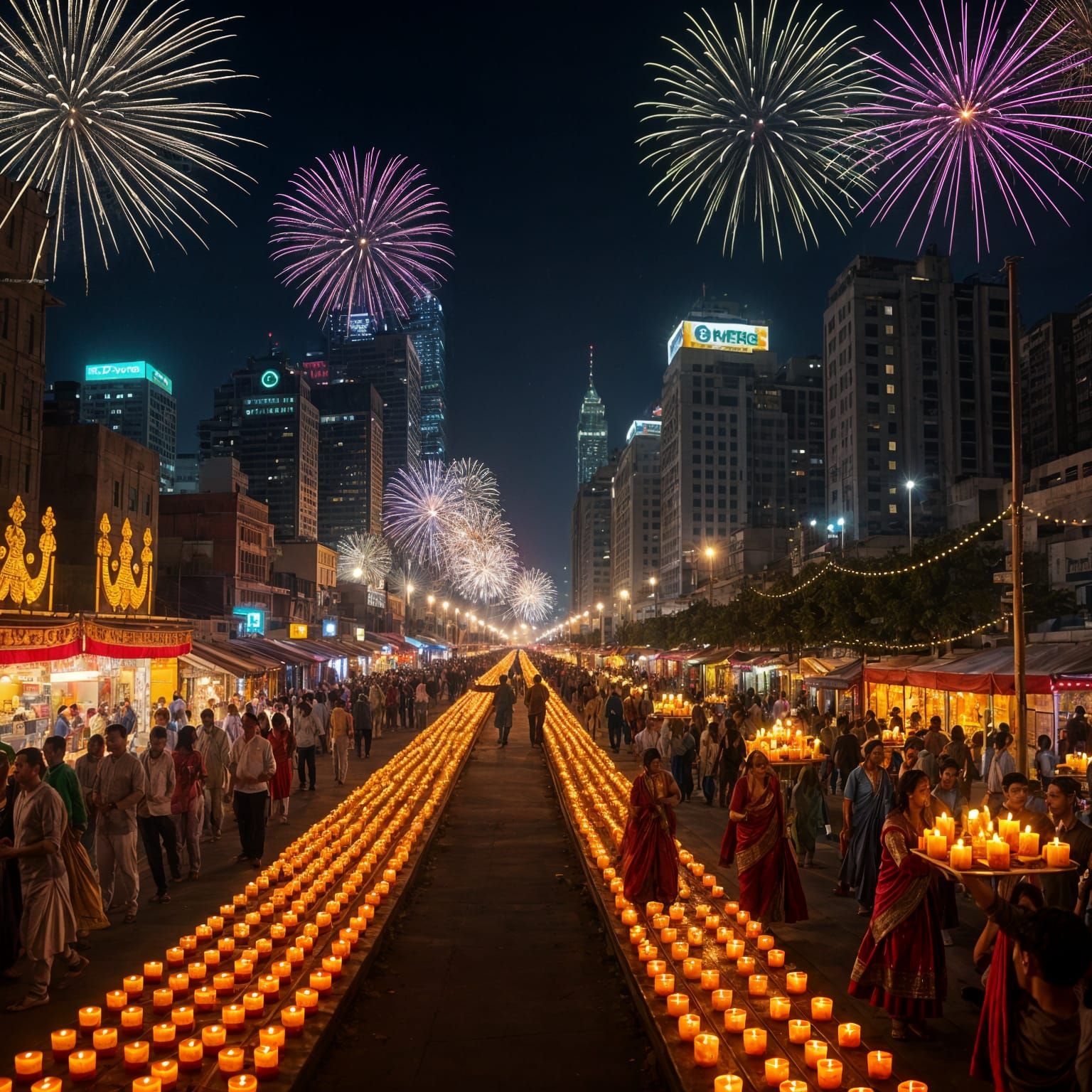 Diwali Celebration in Modern Cityscape with Fireworks