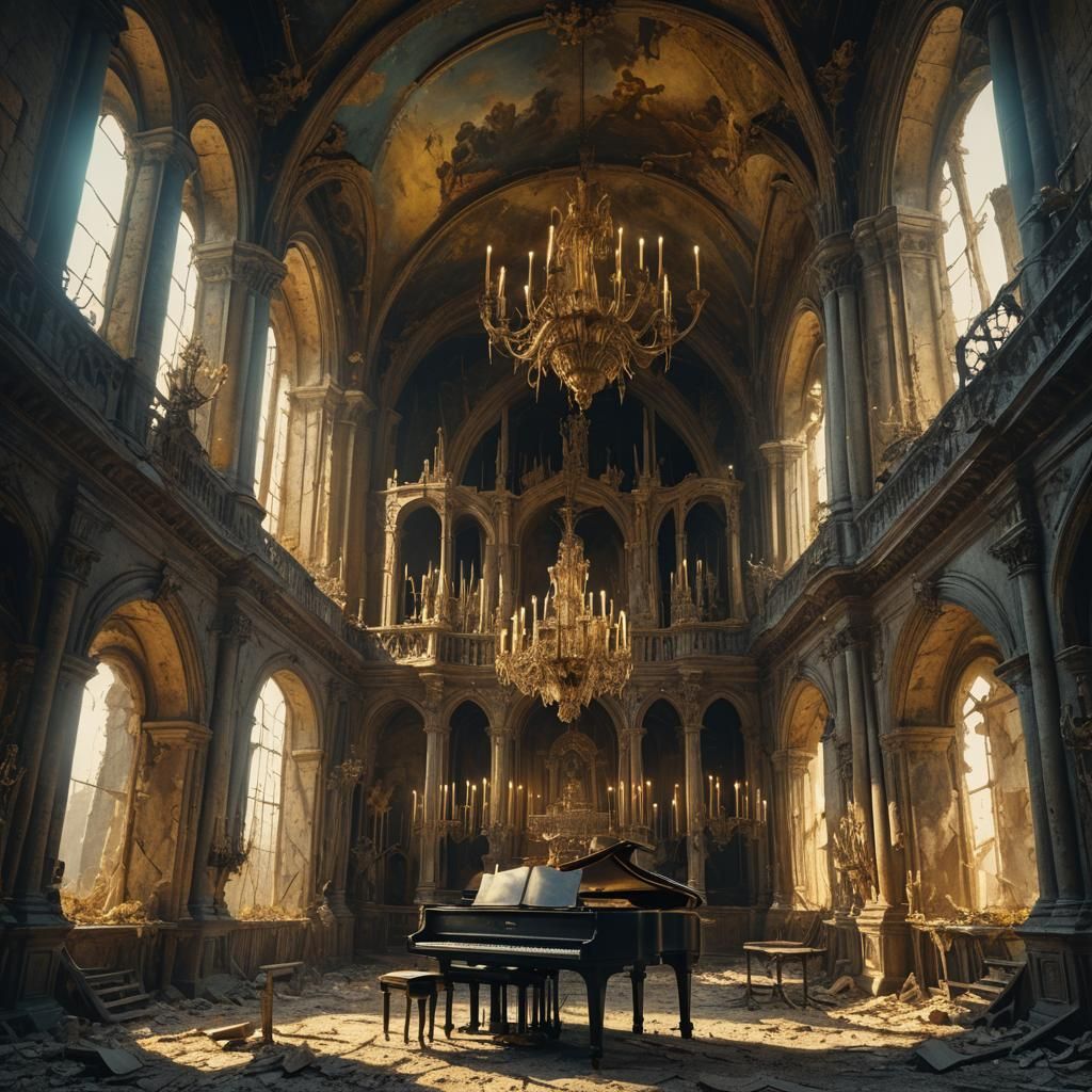 Skeleton Pianist in Abandoned Gothic Castle