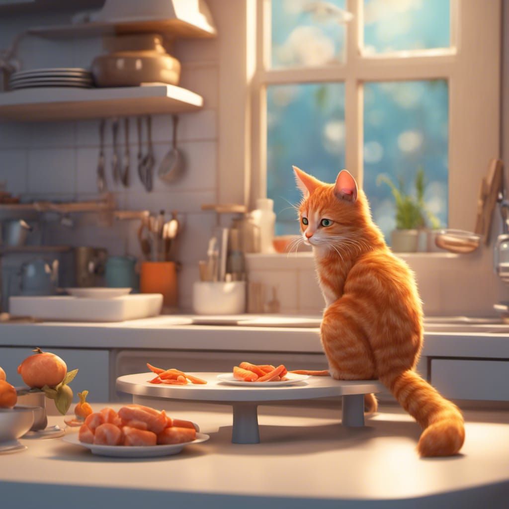 Tabby Cat Contemplates Fish: 3D Digital Art