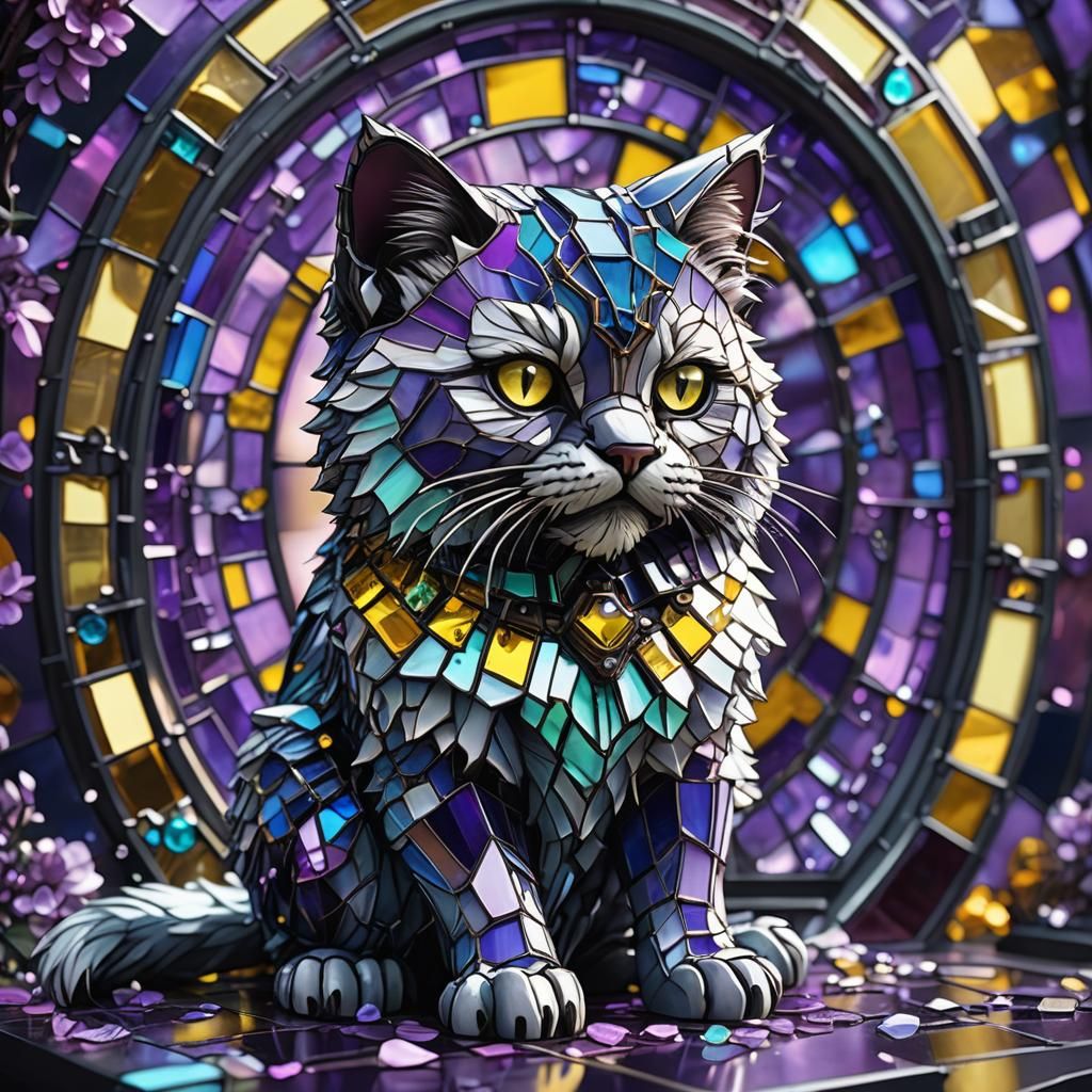 Cyberpunk Stained Glass Manul Cat Figurine