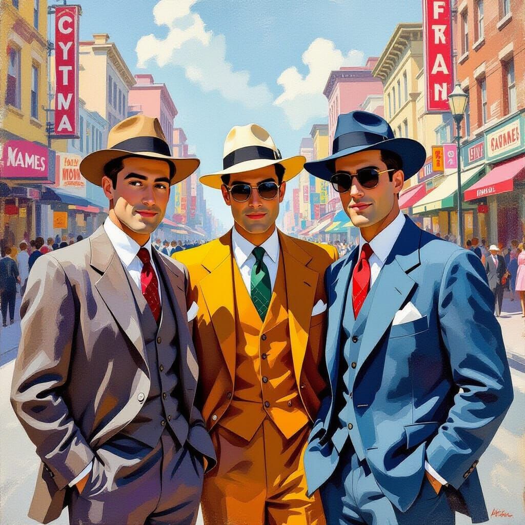 1950s Men Posing in Nostalgic Cityscape, Gouache Style