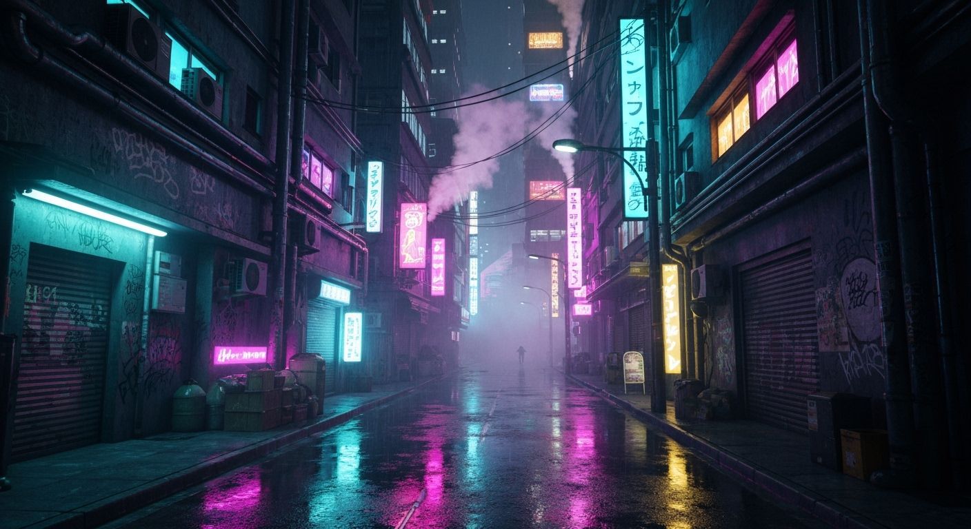 Cyberpunk Alley at Night with Neon Lights and Rain