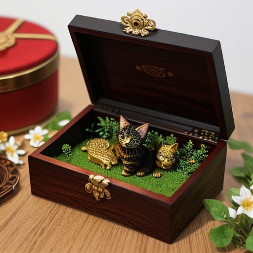 Artistic Wood Box with 3D Cat Carvings and Amber