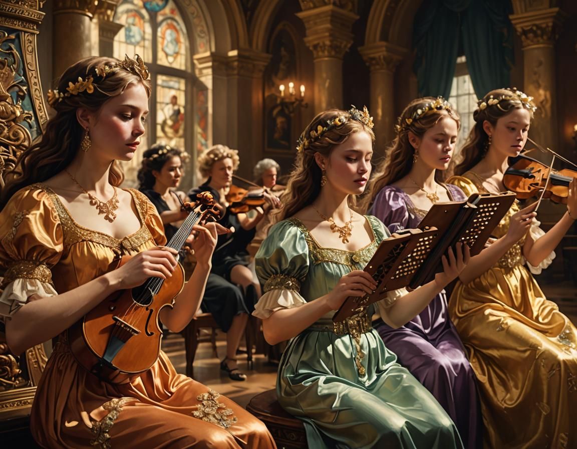 Angels and Empresses in Opulent Hall, Digital Art