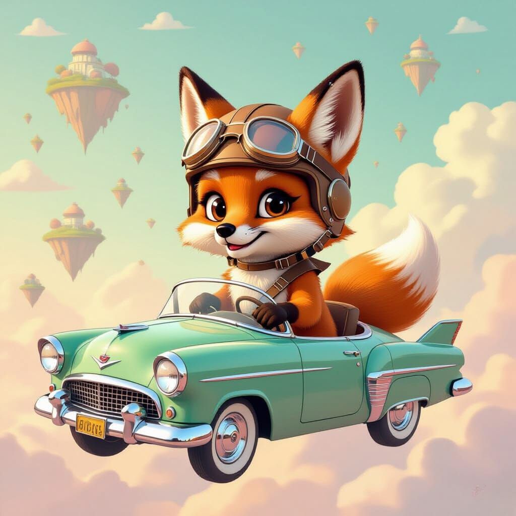 Whimsical Fox Pilot in Retrofuturistic Flying Car