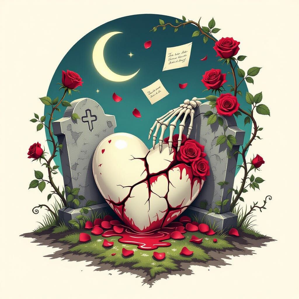 Cracked Valentine Heart on Grave, Ectoplasm & Rose Petals