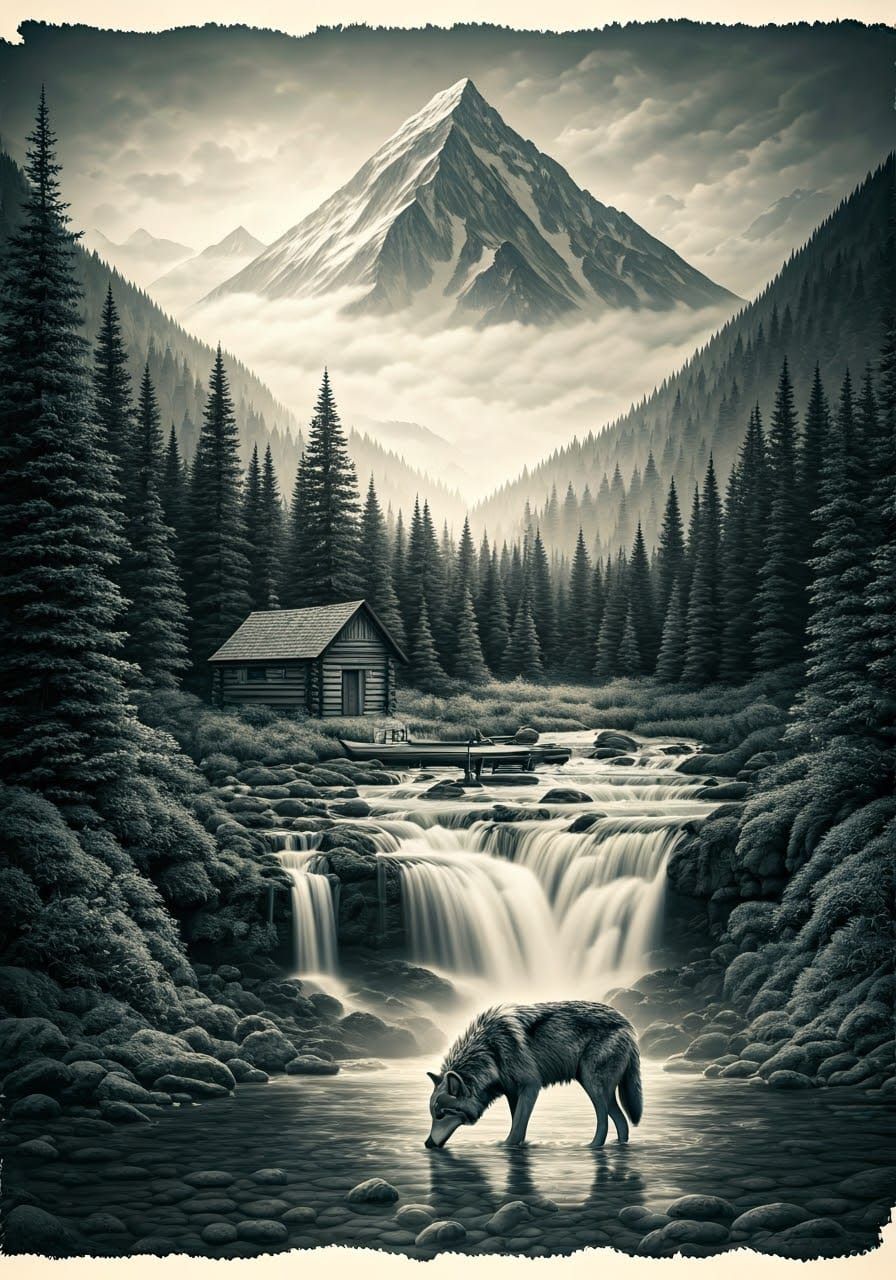 Wolf in Ethereal Mountain Landscape, Black and White