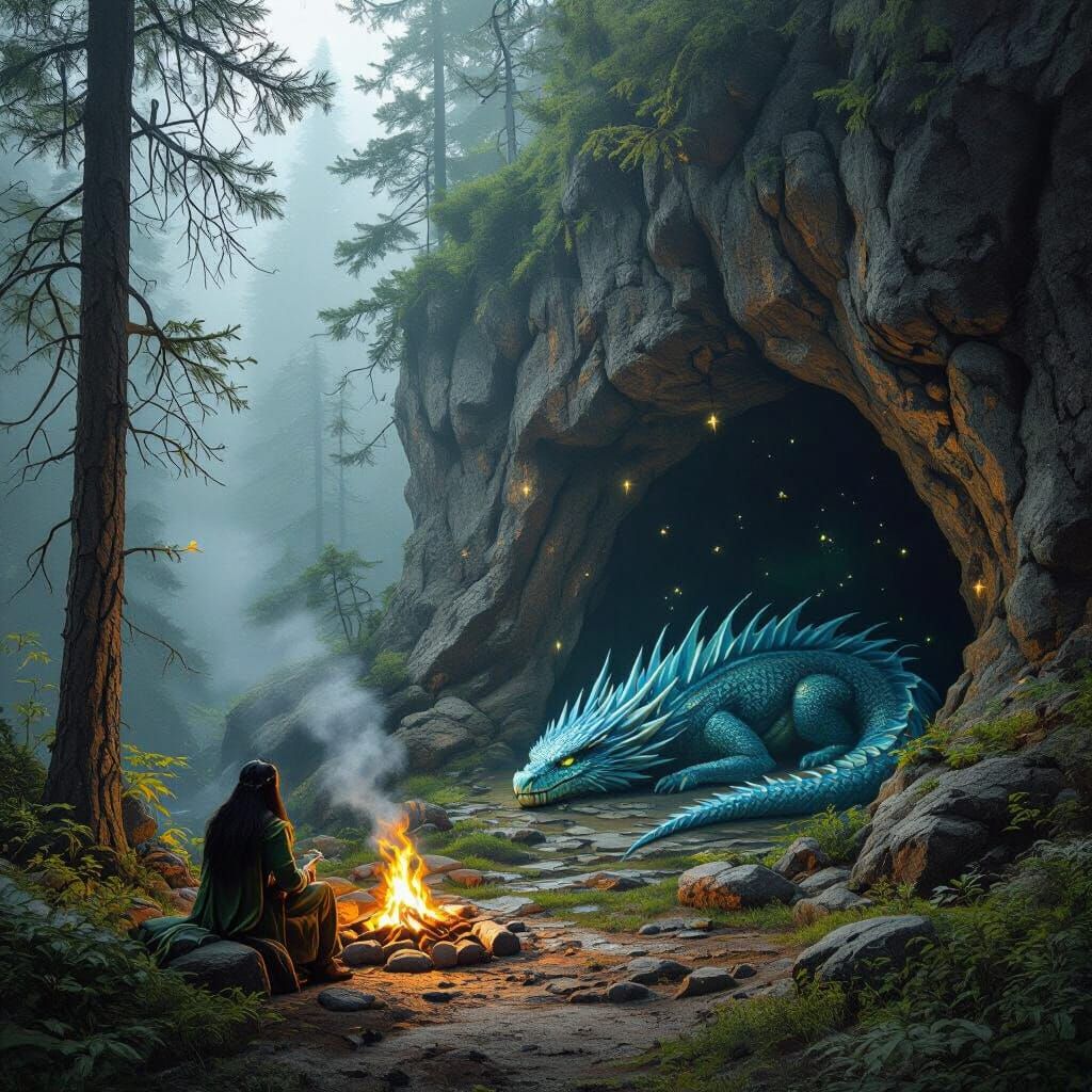 Enchanted Cave with Dragon, Elf, and Wisteria