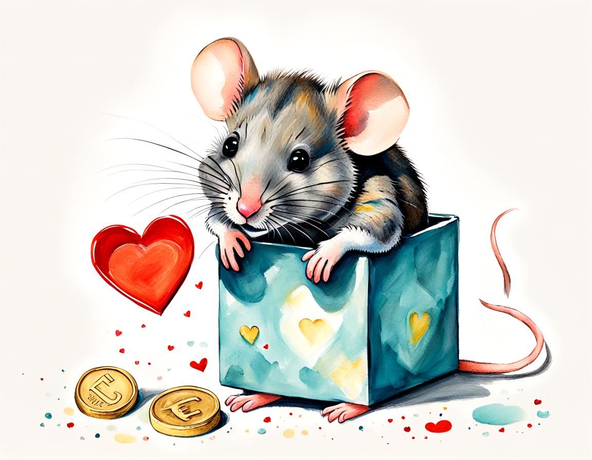 Cute Mouse with Heart Box and Euro Coin