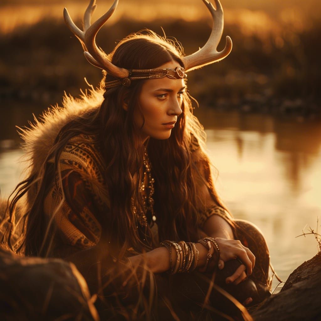 Antlered Woman Drinks by River in Sepia Tones