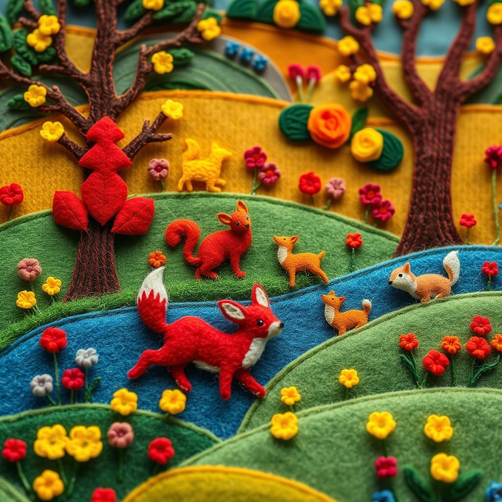 Vibrant Felt Mosaic of Woodland Animals