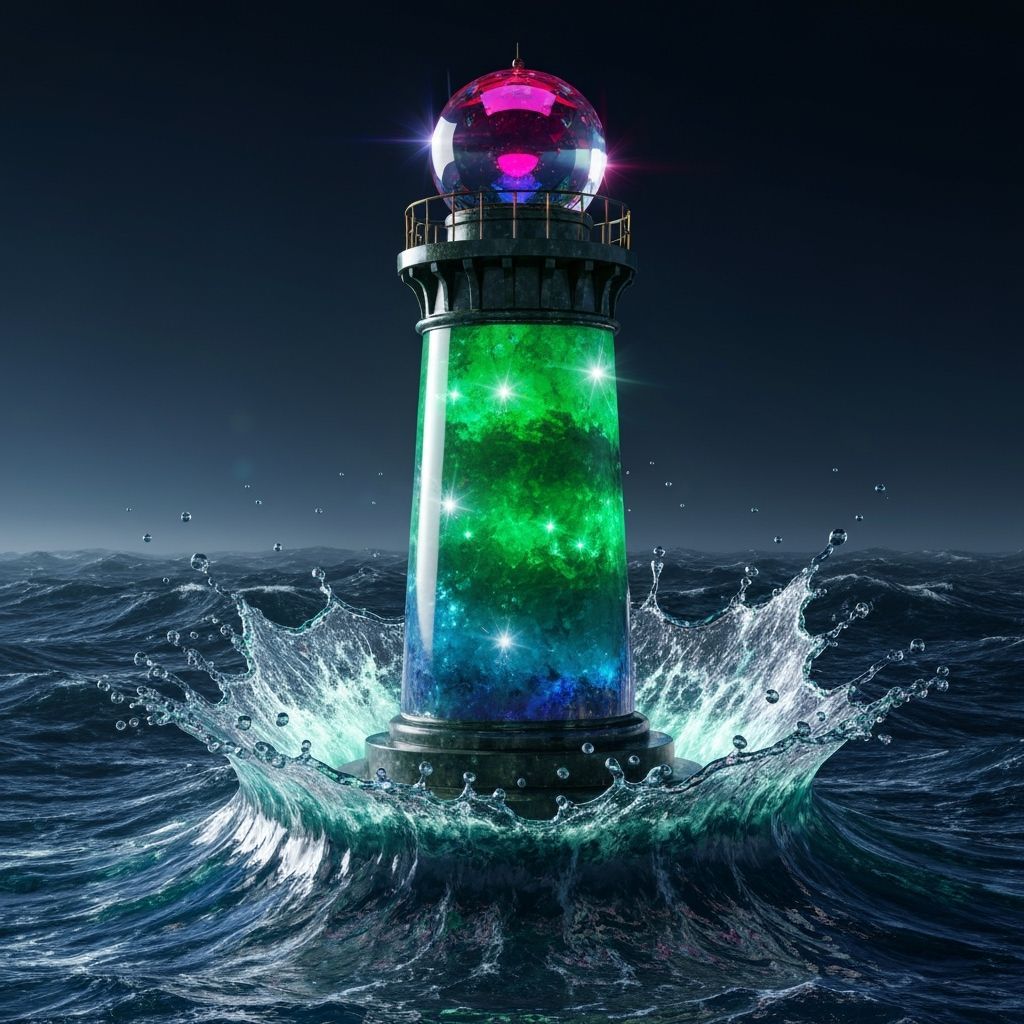 Glass Lighthouse Emerges From Turbulent Sea at Night