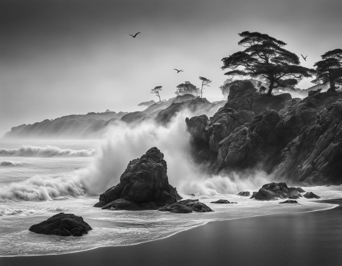 Serene Japanese Seascape in Fine-Line Pencil Drawing