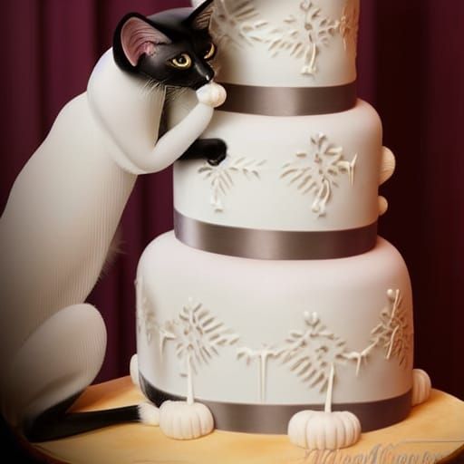 Siamese Cat's Watercolor Wedding Cake Adventure