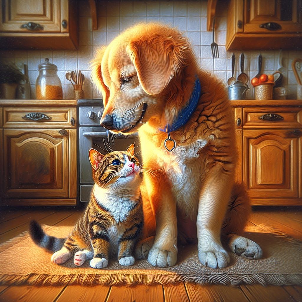 Charming Cat and Dog Share Affection as Oil Painting