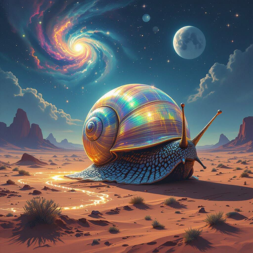 Bioluminescent Snail's Journey Across Alien Desert