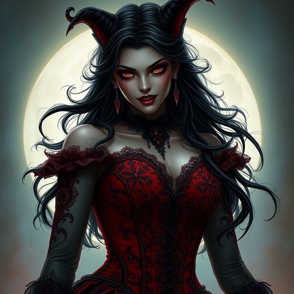 Ethereal Vampire Maiden in Red and Black Lace